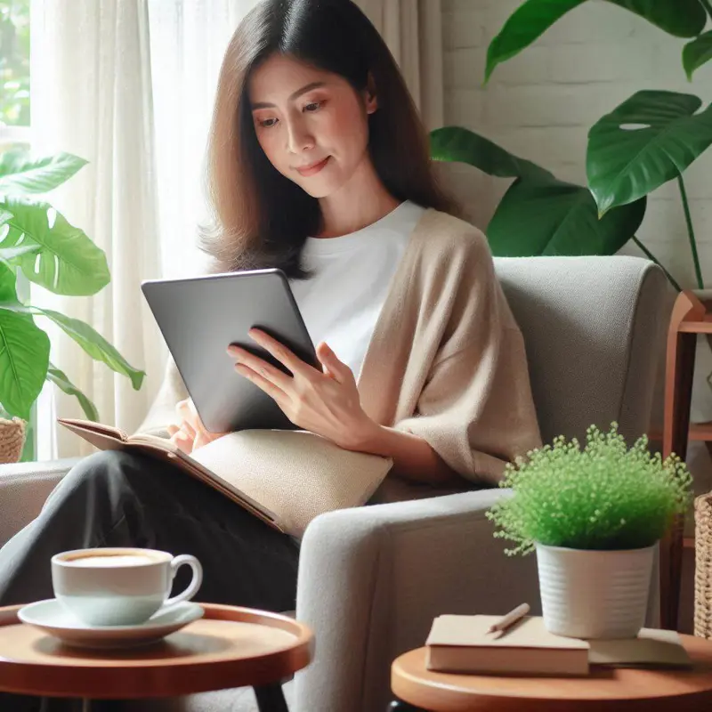 A woman sitting in a chair and reading on her tablet device