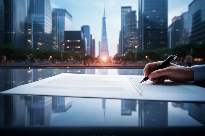 A person writing on a desk with a cityscape as the background