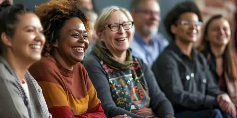 Several adult learners sitting and laughing in a classroom