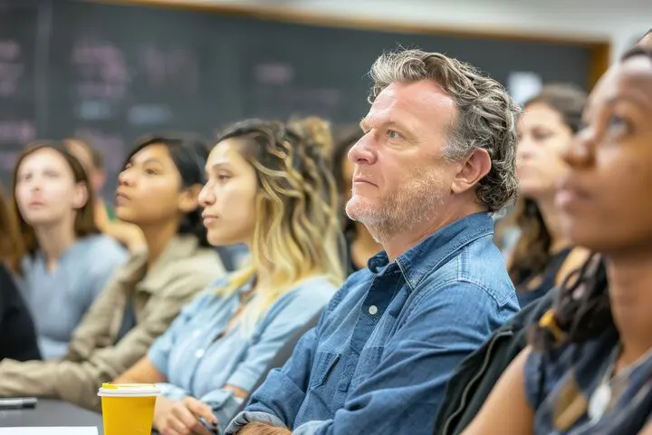 Adult learners sitting in a classroom and looking at the teacher