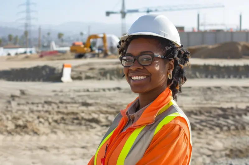 A lady working in construction at a site and smiling at the camera