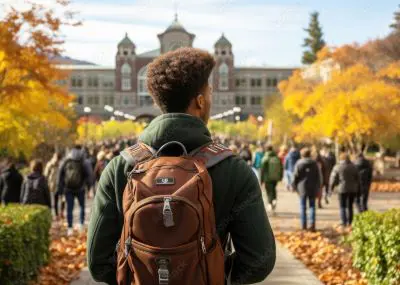 A young black male with a backpack looking at people on campus